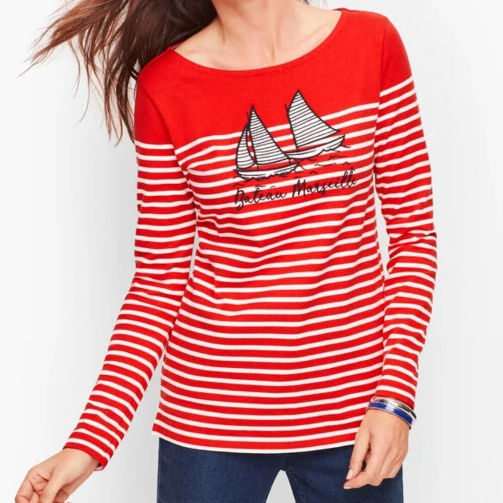 Talbots Red White Authentic Gateau Marseille Striped Long Sleeve‎ Tee SZ3Xp
